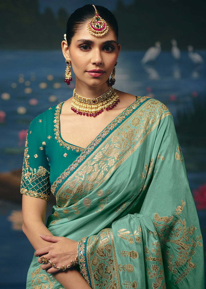 Buy Now Sea Green Dola Silk Beautiful Handwork Festive Wear Saree Set Online in US, UK, Canada, France, Germany, Denmark, Sweden, Austria &amp; Worldwide at Empress.