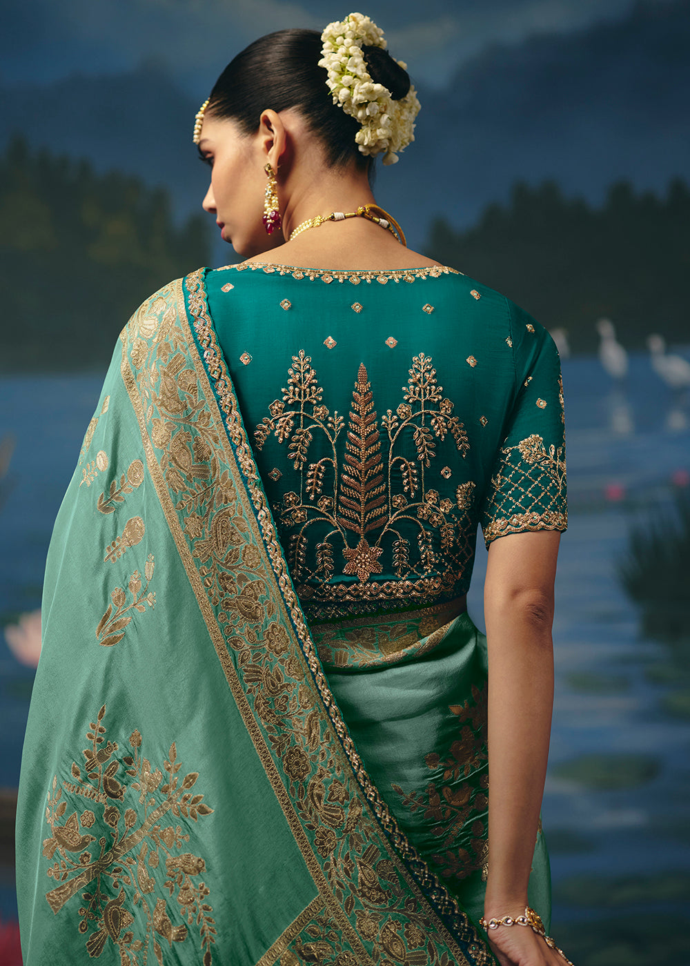 Buy Now Sea Green Dola Silk Beautiful Handwork Festive Wear Saree Set Online in US, UK, Canada, France, Germany, Denmark, Sweden, Austria &amp; Worldwide at Empress.