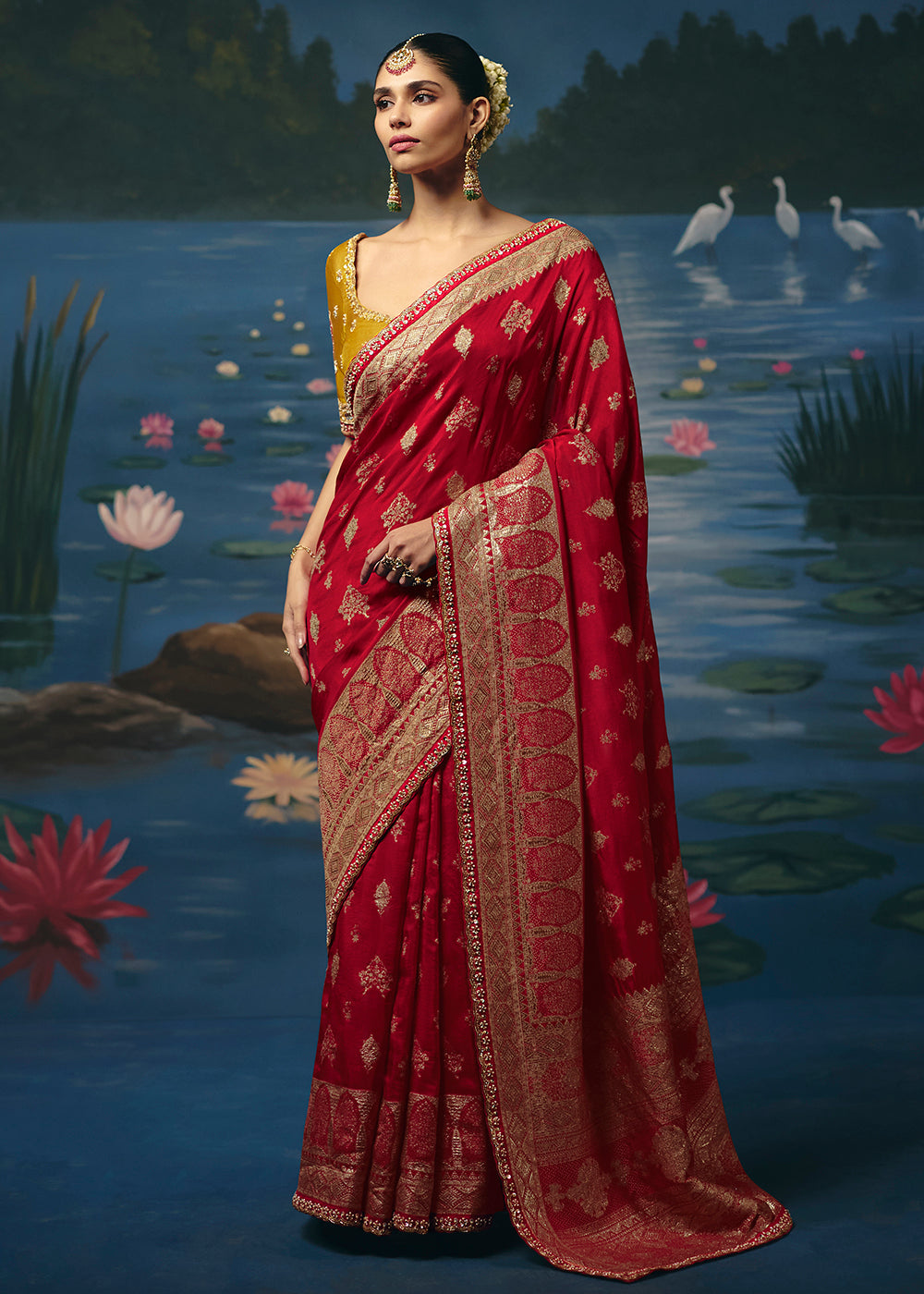 Buy Now Hot Red Dola Silk Beautiful Handwork Festive Wear Saree Set Online in US, UK, Canada, France, Germany, Denmark, Sweden, Austria & Worldwide at Empress.