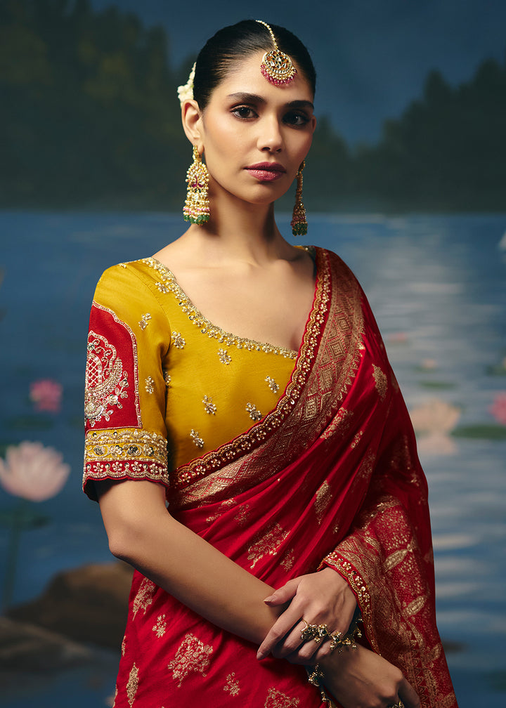 Buy Now Hot Red Dola Silk Beautiful Handwork Festive Wear Saree Set Online in US, UK, Canada, France, Germany, Denmark, Sweden, Austria &amp; Worldwide at Empress.