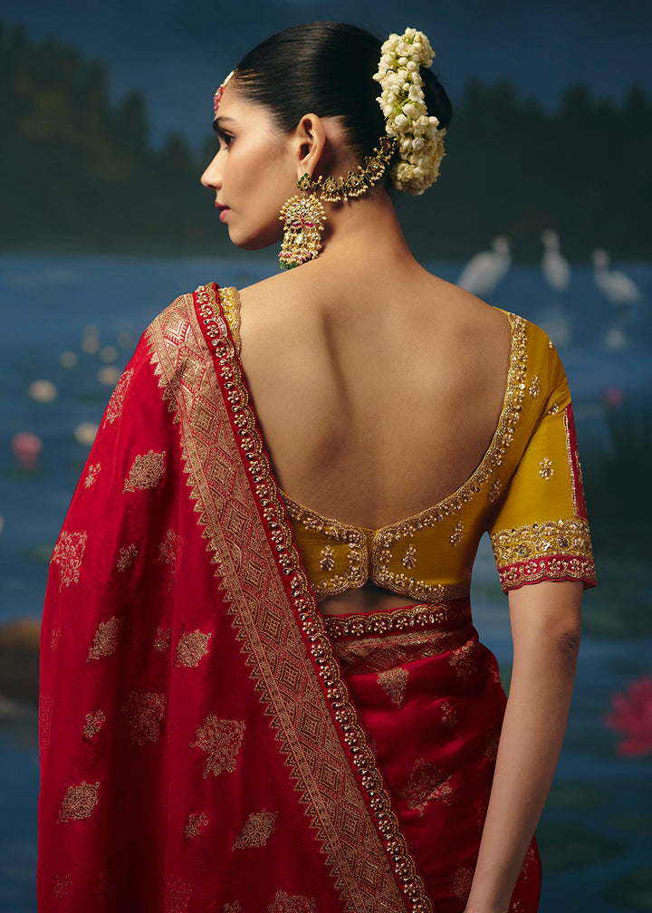 Buy Now Hot Red Dola Silk Beautiful Handwork Festive Wear Saree Set Online in US, UK, Canada, France, Germany, Denmark, Sweden, Austria &amp; Worldwide at Empress.