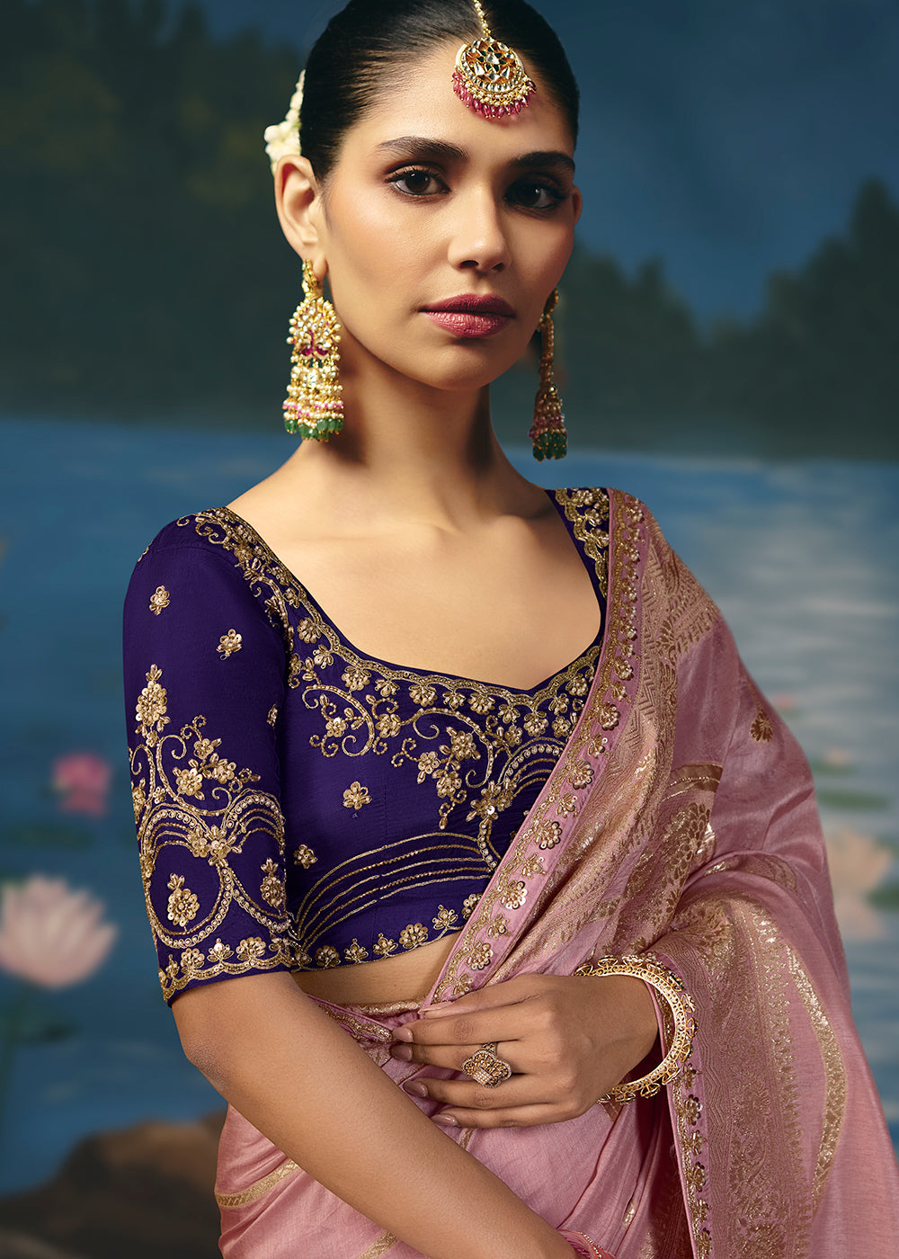 Buy Now Mauve Dola Silk Beautiful Handwork Festive Wear Saree Set Online in US, UK, Canada, France, Germany, Denmark, Sweden, Austria & Worldwide at Empress.