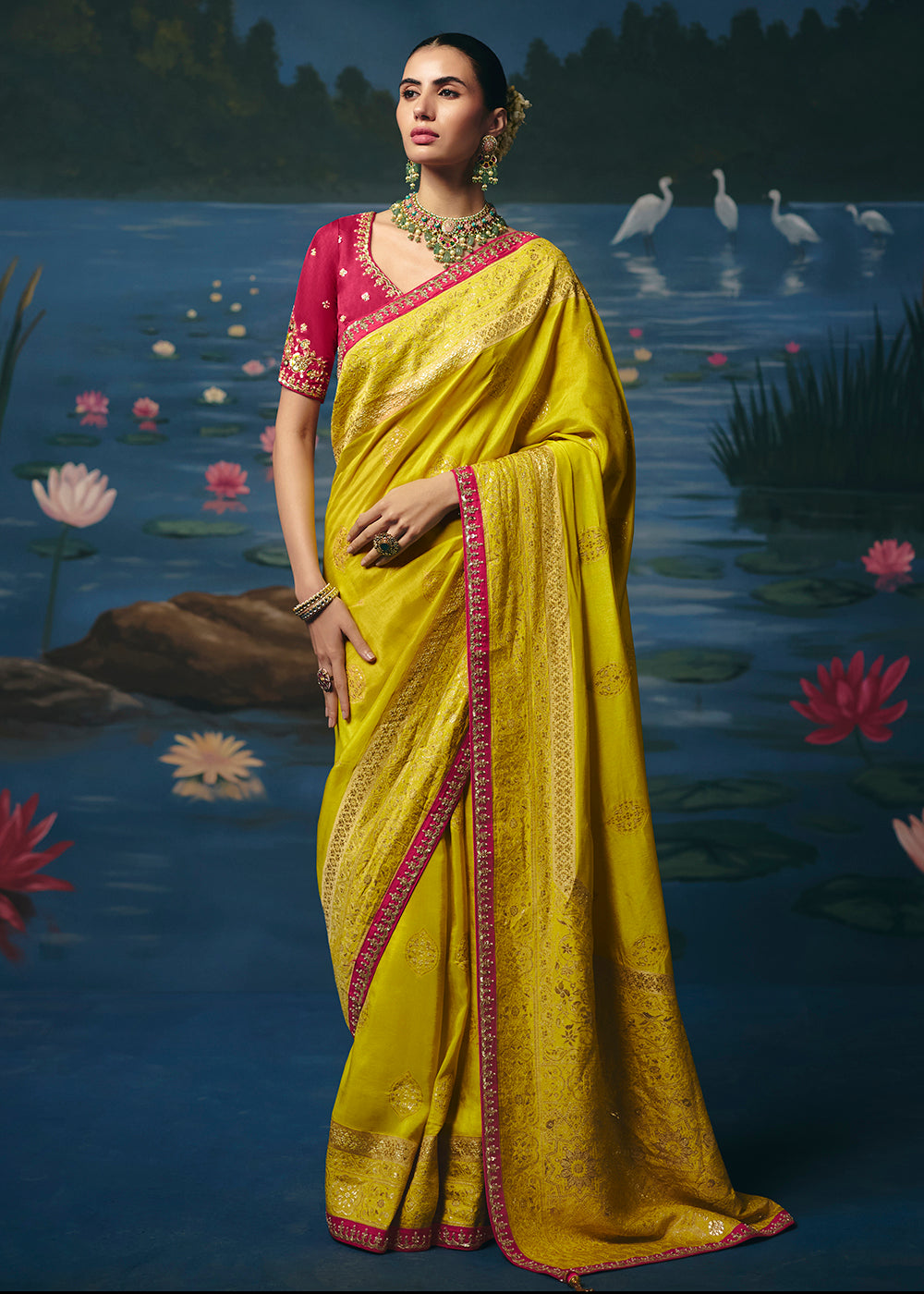 Buy Now Yellow Dola Silk Beautiful Handwork Festive Wear Saree Set Online in US, UK, Canada, France, Germany, Denmark, Sweden, Austria & Worldwide at Empress.