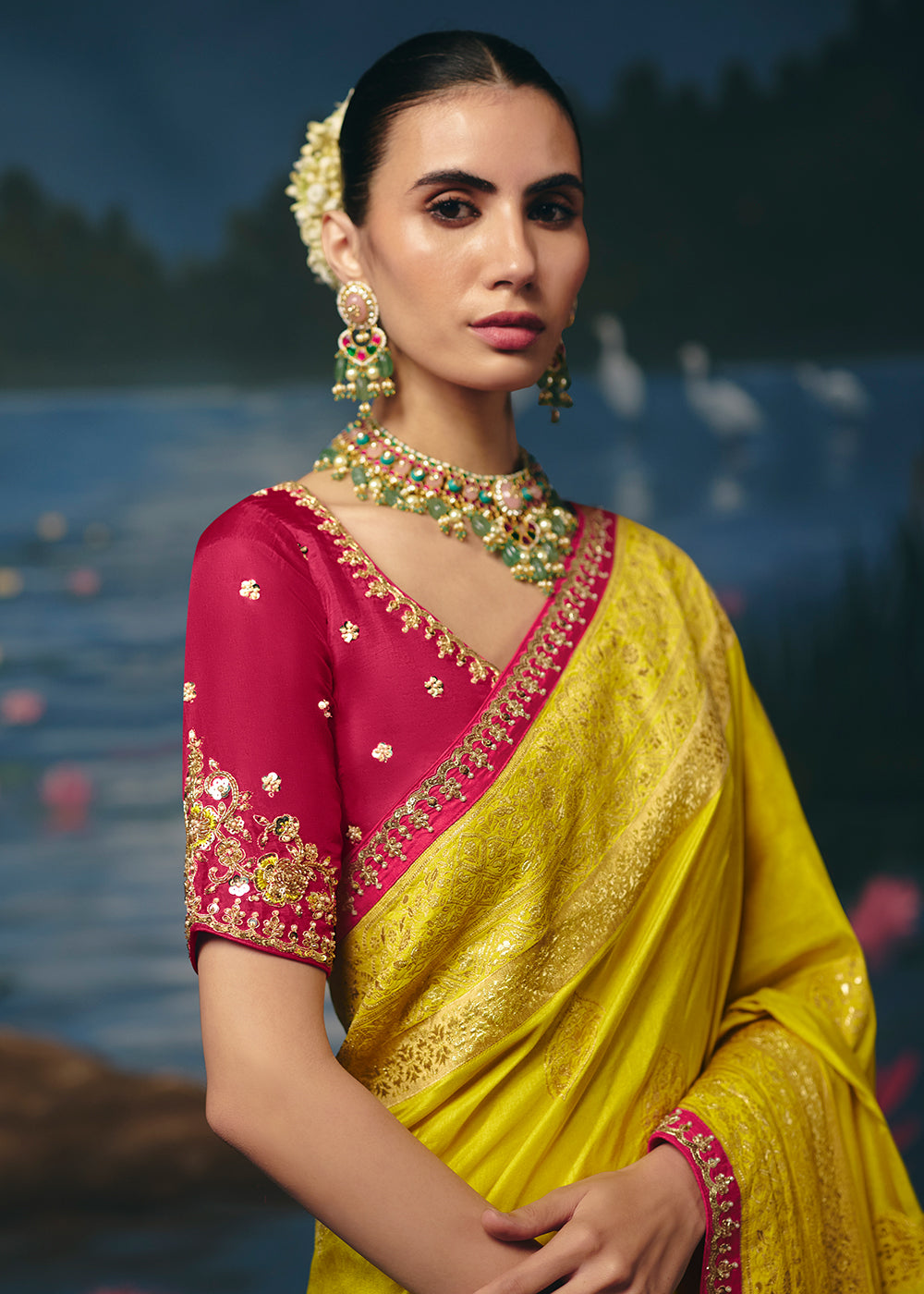 Buy Now Yellow Dola Silk Beautiful Handwork Festive Wear Saree Set Online in US, UK, Canada, France, Germany, Denmark, Sweden, Austria & Worldwide at Empress.