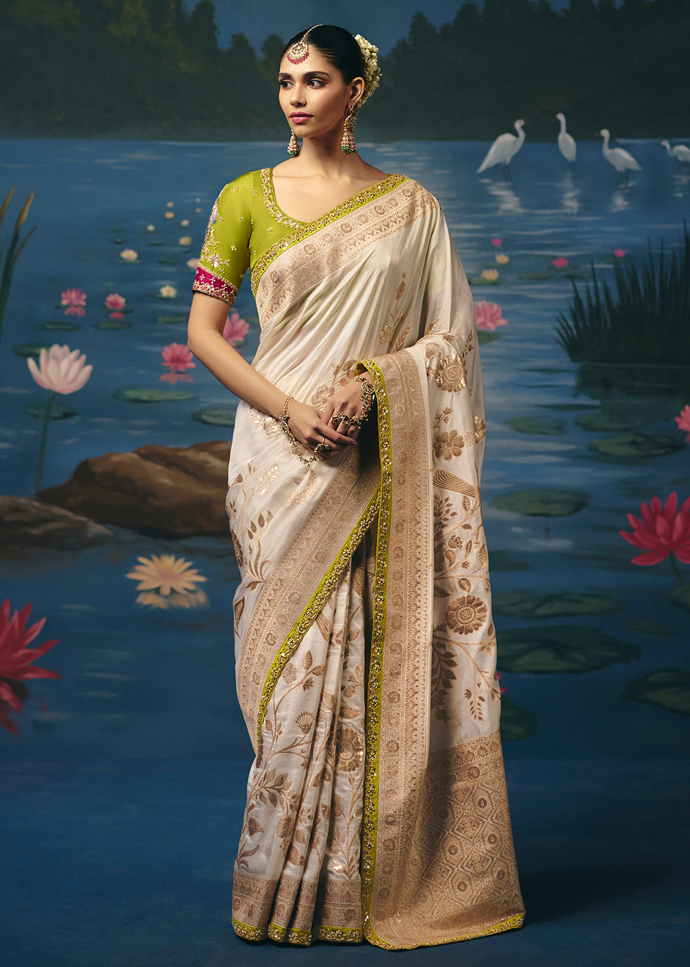 Buy Now Cream Dola Silk Beautiful Handwork Festive Wear Saree Set Online in US, UK, Canada, France, Germany, Denmark, Sweden, Austria & Worldwide at Empress.