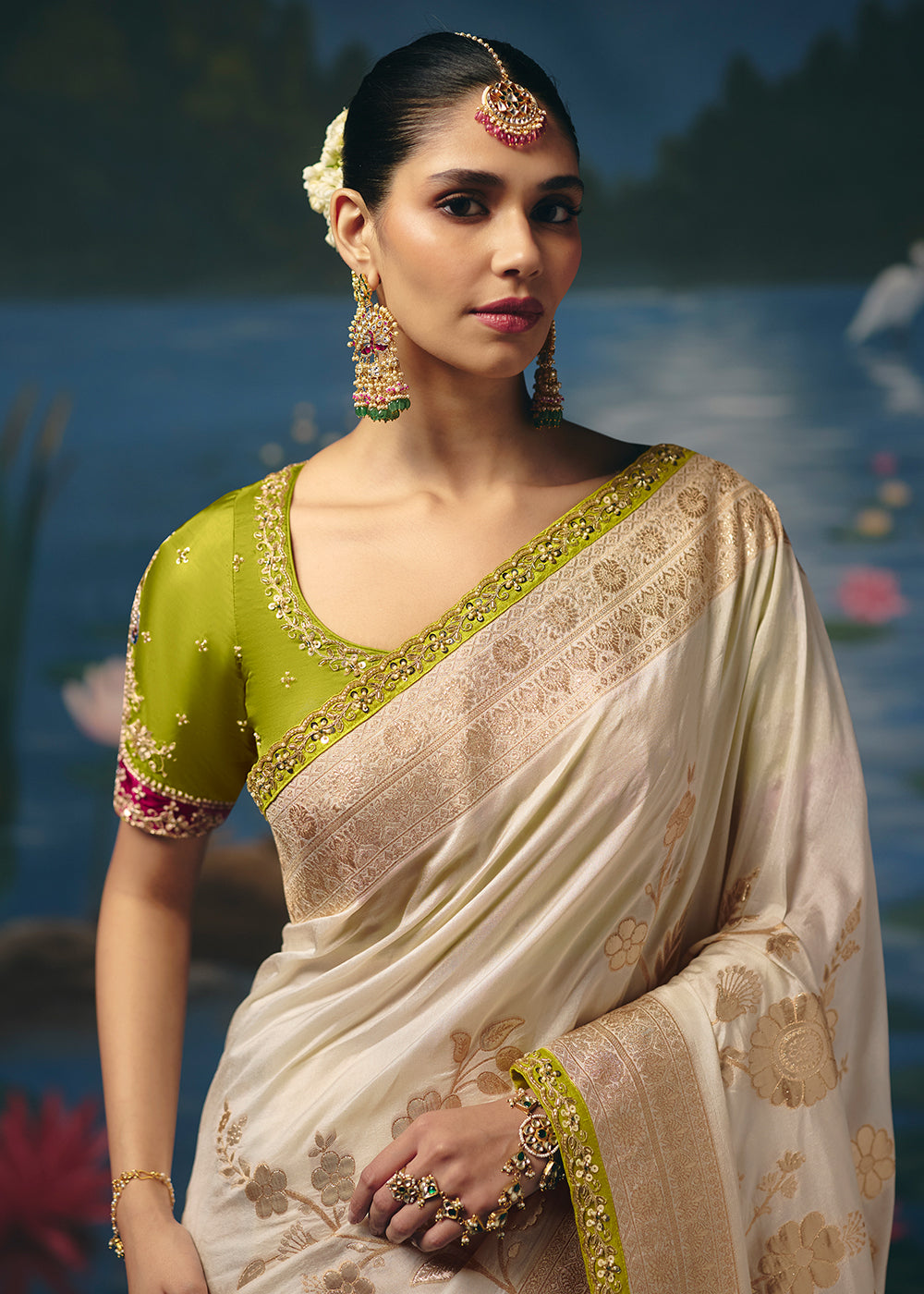 Buy Now Cream Dola Silk Beautiful Handwork Festive Wear Saree Set Online in US, UK, Canada, France, Germany, Denmark, Sweden, Austria &amp; Worldwide at Empress.