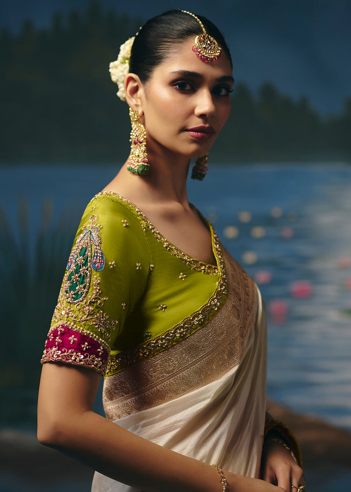 Buy Now Cream Dola Silk Beautiful Handwork Festive Wear Saree Set Online in US, UK, Canada, France, Germany, Denmark, Sweden, Austria &amp; Worldwide at Empress.