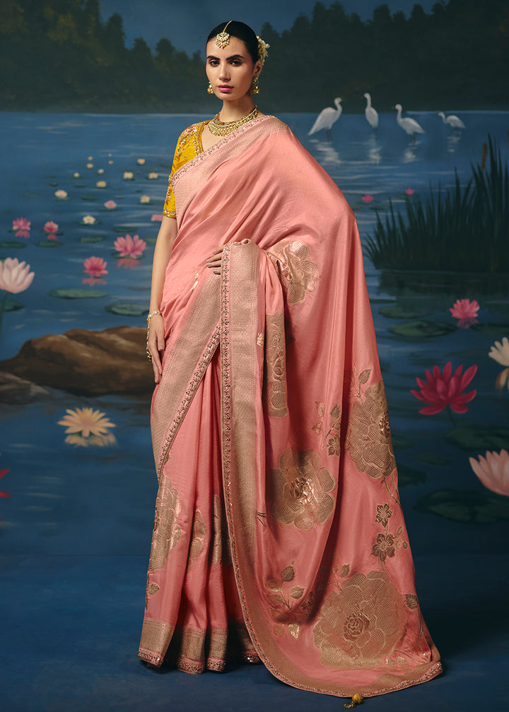 Buy Now Peach Dola Silk Beautiful Handwork Festive Wear Saree Set Online in US, UK, Canada, France, Germany, Denmark, Sweden, Austria &amp; Worldwide at Empress.
