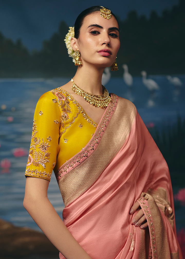 Buy Now Peach Dola Silk Beautiful Handwork Festive Wear Saree Set Online in US, UK, Canada, France, Germany, Denmark, Sweden, Austria &amp; Worldwide at Empress.