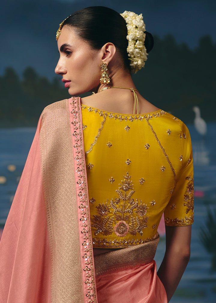 Buy Now Peach Dola Silk Beautiful Handwork Festive Wear Saree Set Online in US, UK, Canada, France, Germany, Denmark, Sweden, Austria &amp; Worldwide at Empress.