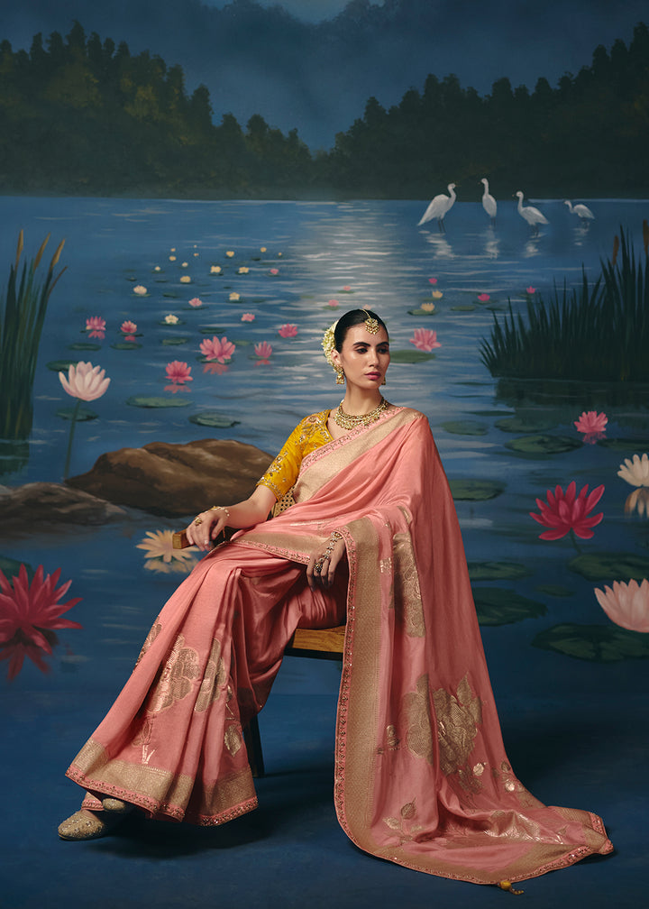 Buy Now Peach Dola Silk Beautiful Handwork Festive Wear Saree Set Online in US, UK, Canada, France, Germany, Denmark, Sweden, Austria &amp; Worldwide at Empress.