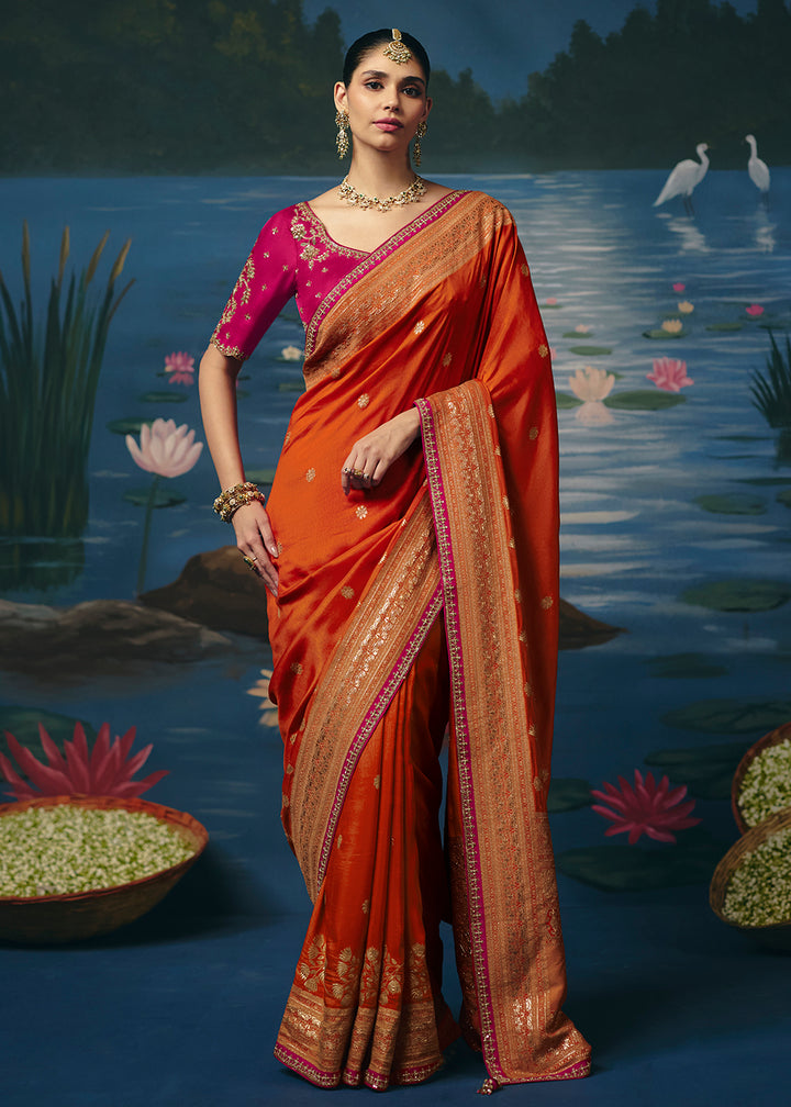 Buy Now Orange Dola Silk Beautiful Handwork Festive Wear Saree Set Online in US, UK, Canada, France, Germany, Denmark, Sweden, Austria &amp; Worldwide at Empress.