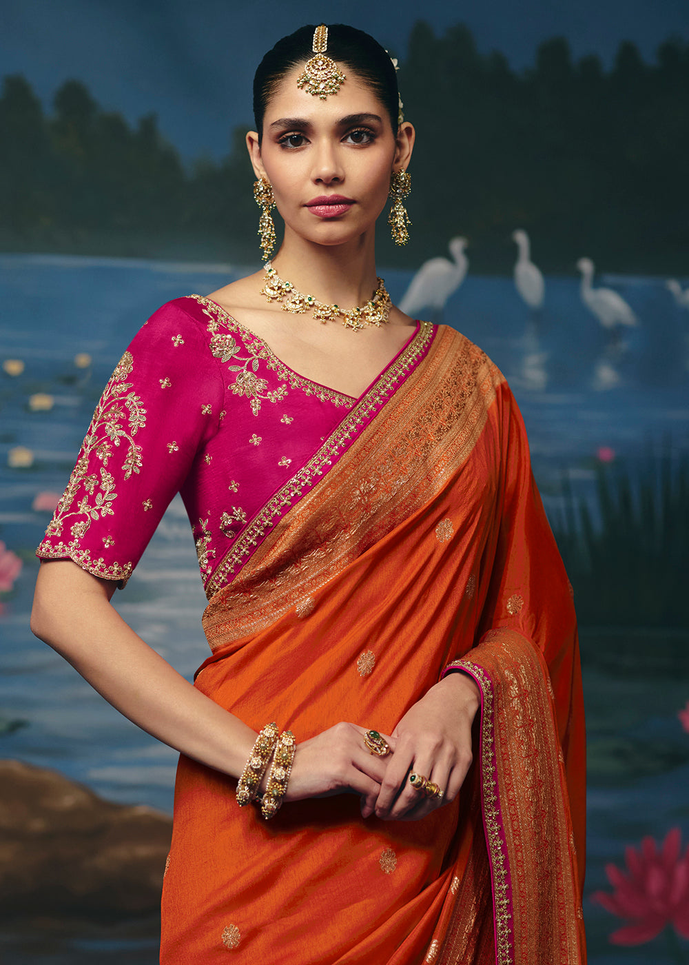 Buy Now Orange Dola Silk Beautiful Handwork Festive Wear Saree Set Online in US, UK, Canada, France, Germany, Denmark, Sweden, Austria &amp; Worldwide at Empress.