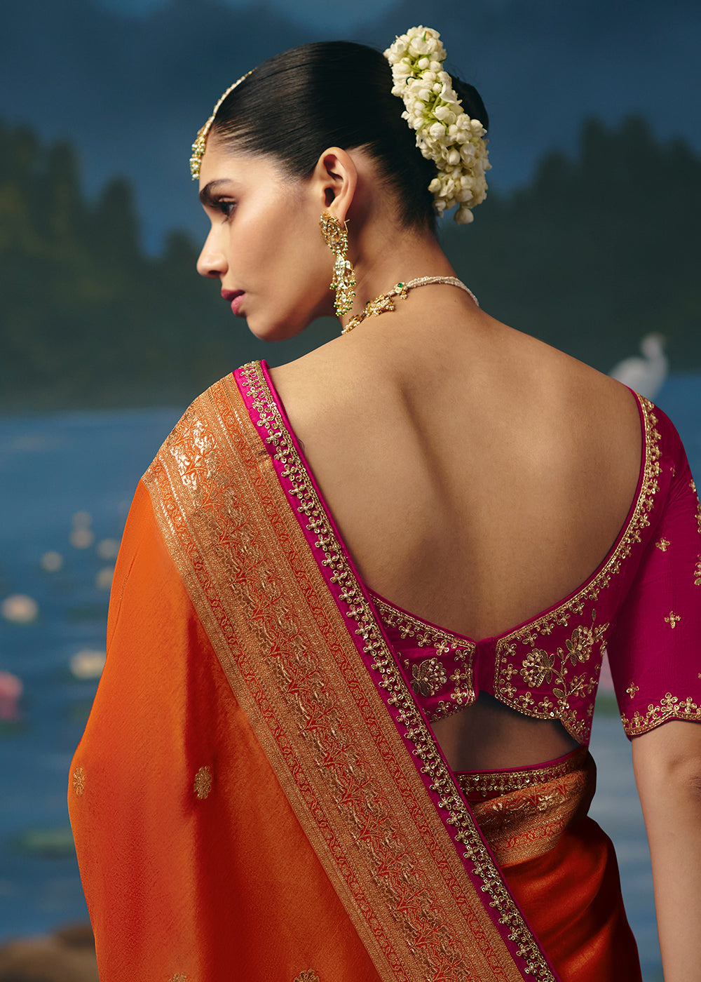 Buy Now Orange Dola Silk Beautiful Handwork Festive Wear Saree Set Online in US, UK, Canada, France, Germany, Denmark, Sweden, Austria &amp; Worldwide at Empress.