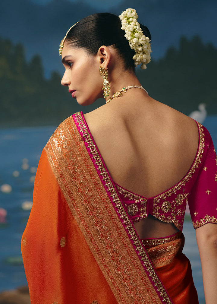 Buy Now Orange Dola Silk Beautiful Handwork Festive Wear Saree Set Online in US, UK, Canada, France, Germany, Denmark, Sweden, Austria &amp; Worldwide at Empress.