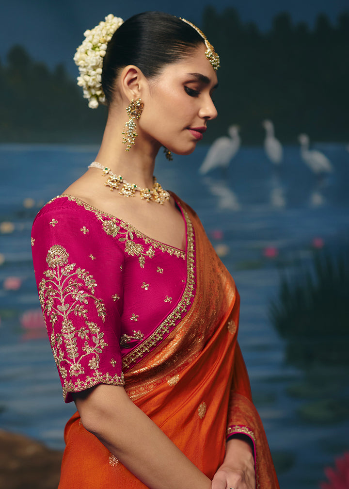 Buy Now Orange Dola Silk Beautiful Handwork Festive Wear Saree Set Online in US, UK, Canada, France, Germany, Denmark, Sweden, Austria &amp; Worldwide at Empress.
