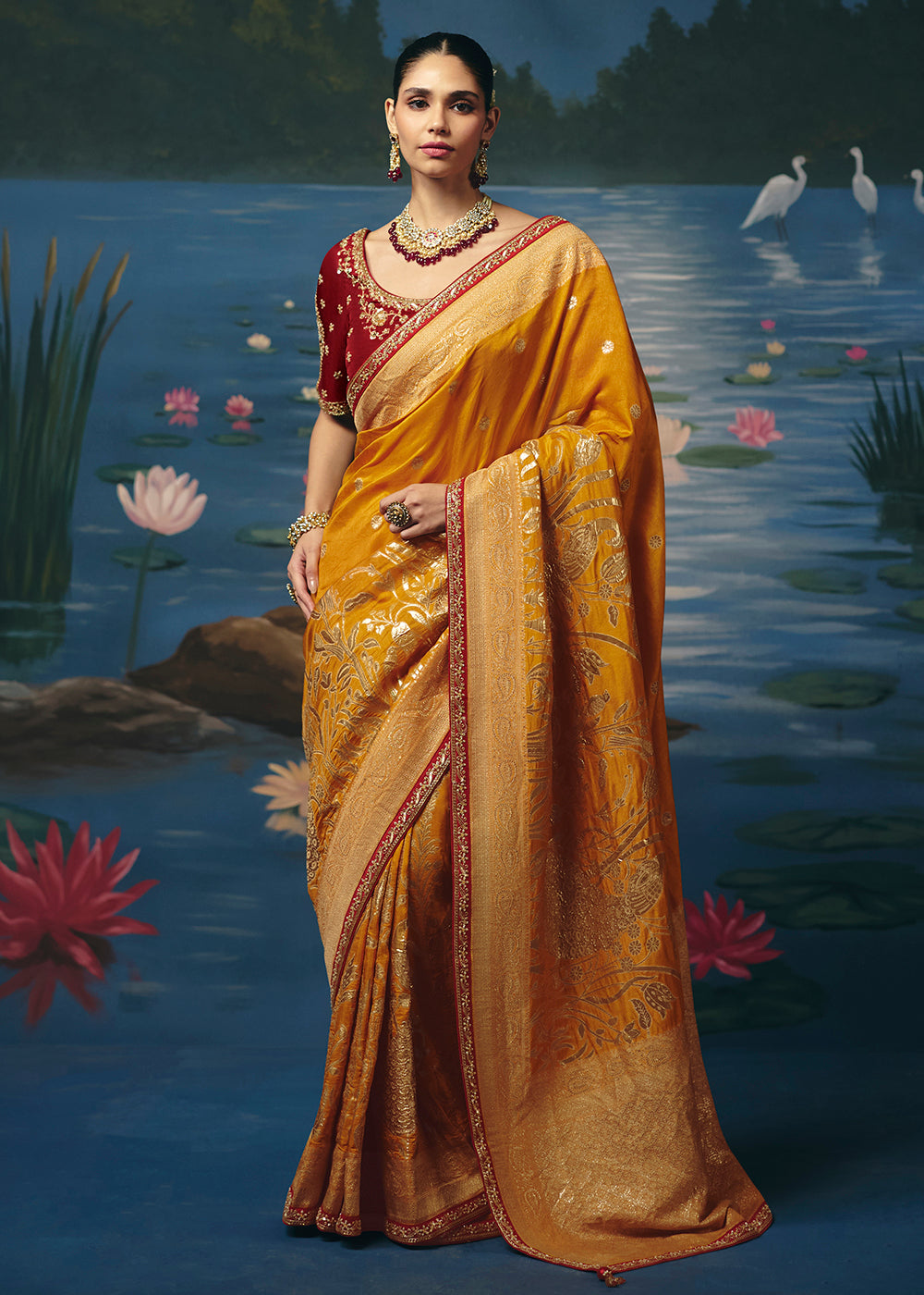 Buy Now Mustard Red Dola Silk Beautiful Handwork Festive Wear Saree Set Online in US, UK, Canada, France, Germany, Denmark, Sweden, UAE & Worldwide at Empress.