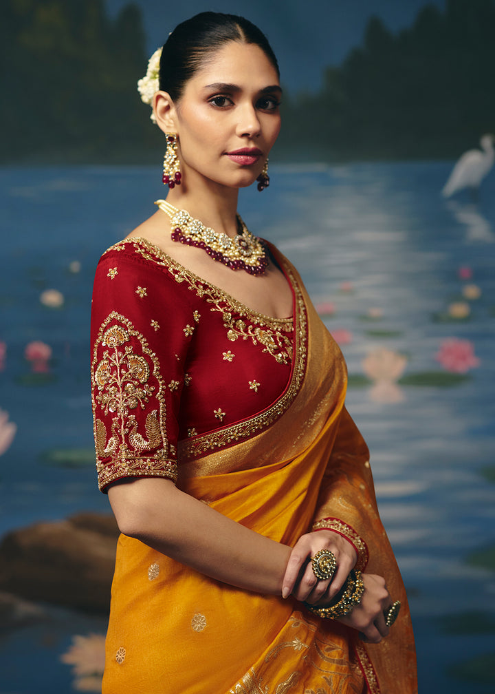 Buy Now Mustard Red Dola Silk Beautiful Handwork Festive Wear Saree Set Online in US, UK, Canada, France, Germany, Denmark, Sweden, UAE &amp; Worldwide at Empress.