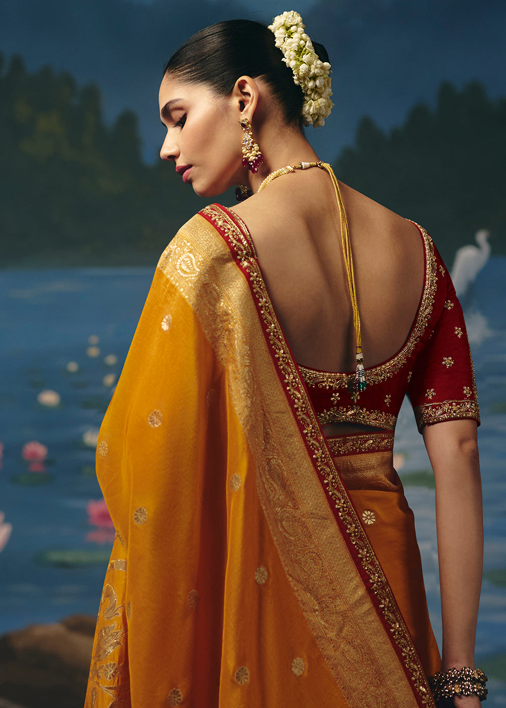Buy Now Mustard Red Dola Silk Beautiful Handwork Festive Wear Saree Set Online in US, UK, Canada, France, Germany, Denmark, Sweden, UAE &amp; Worldwide at Empress.