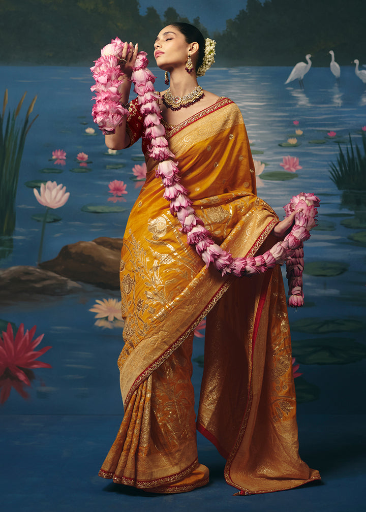 Buy Now Mustard Red Dola Silk Beautiful Handwork Festive Wear Saree Set Online in US, UK, Canada, France, Germany, Denmark, Sweden, UAE &amp; Worldwide at Empress.