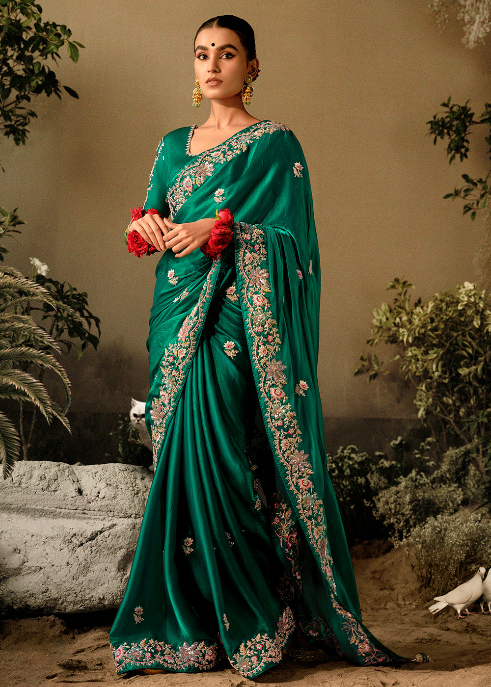 Buy Now Rama Green Khatli Work Embroidered Designer Wedding Saree Online in USA, UK, Canada & Worldwide at Empress Clothing. 