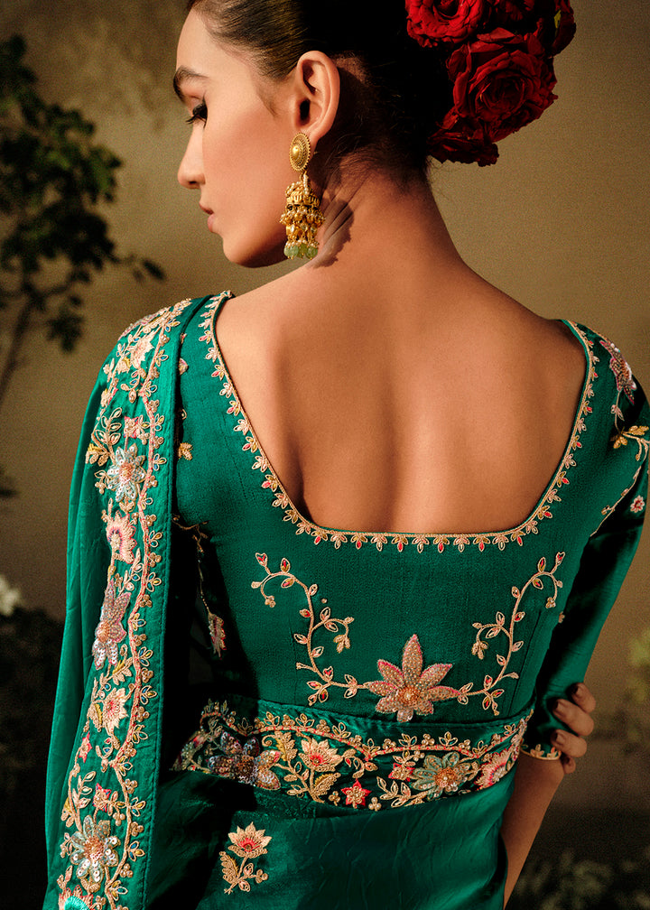 Buy Now Rama Green Khatli Work Embroidered Designer Wedding Saree Online in USA, UK, Canada & Worldwide at Empress Clothing. 