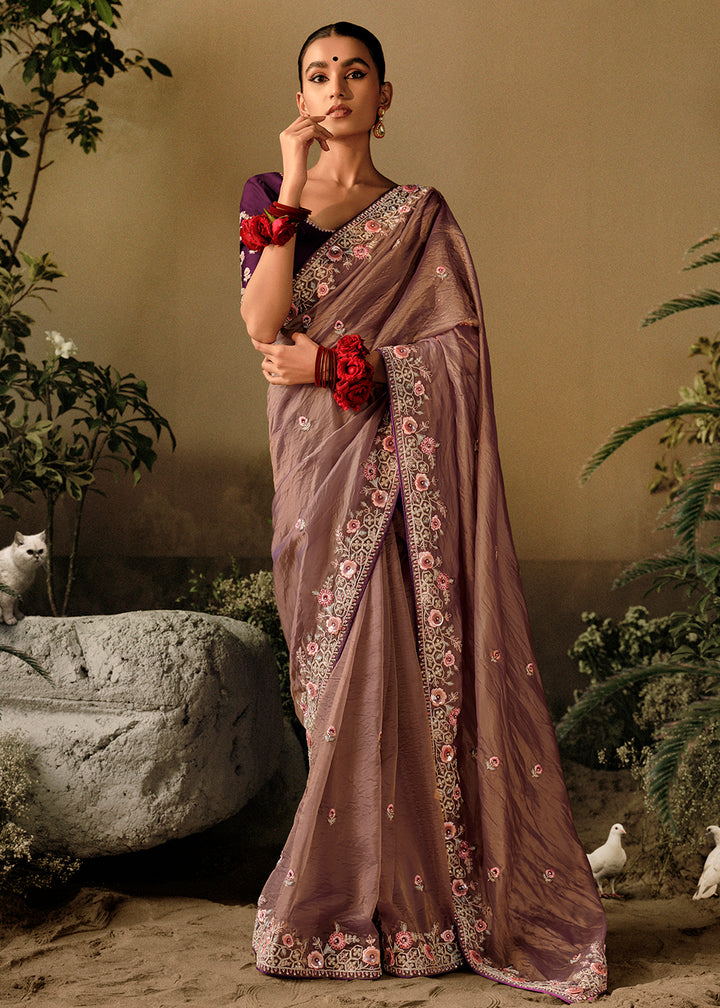 Buy Now Mauve Taupe Khatli Work Embroidered Designer Wedding Saree Online in USA, UK, Canada & Worldwide at Empress Clothing. 