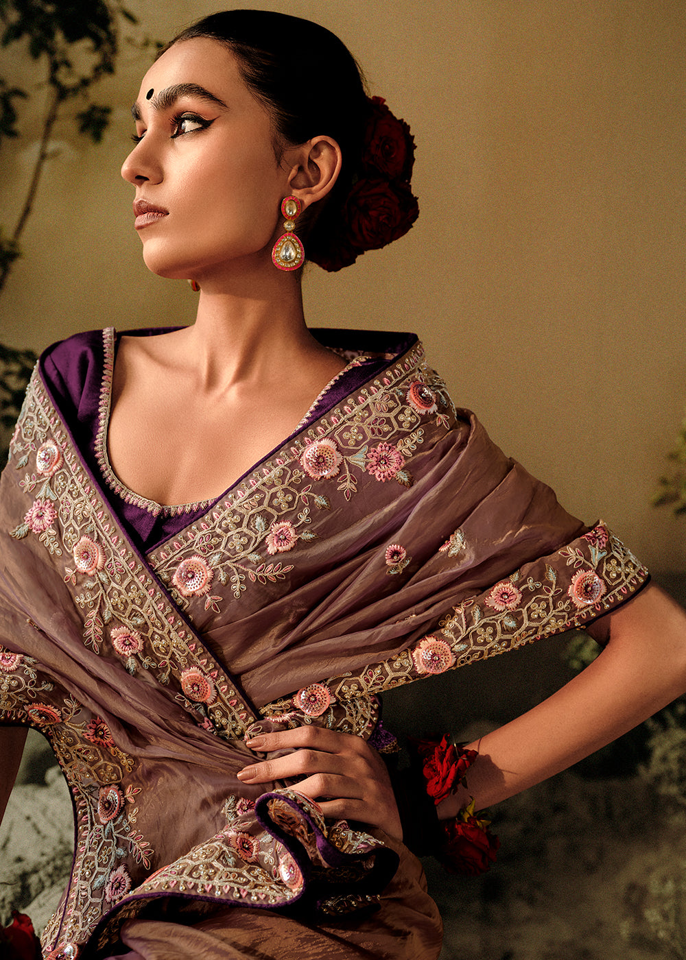 Buy Now Mauve Taupe Khatli Work Embroidered Designer Wedding Saree Online in USA, UK, Canada & Worldwide at Empress Clothing. 