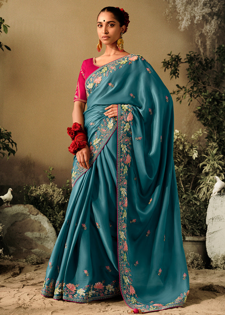 Buy Now Rama Blue Khatli Work Embroidered Designer Wedding Saree Online in USA, UK, Canada & Worldwide at Empress Clothing. 