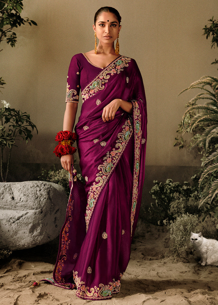 Buy Now Wine Khatli Work Embroidered Designer Wedding Saree Online in USA, UK, Canada & Worldwide at Empress Clothing.