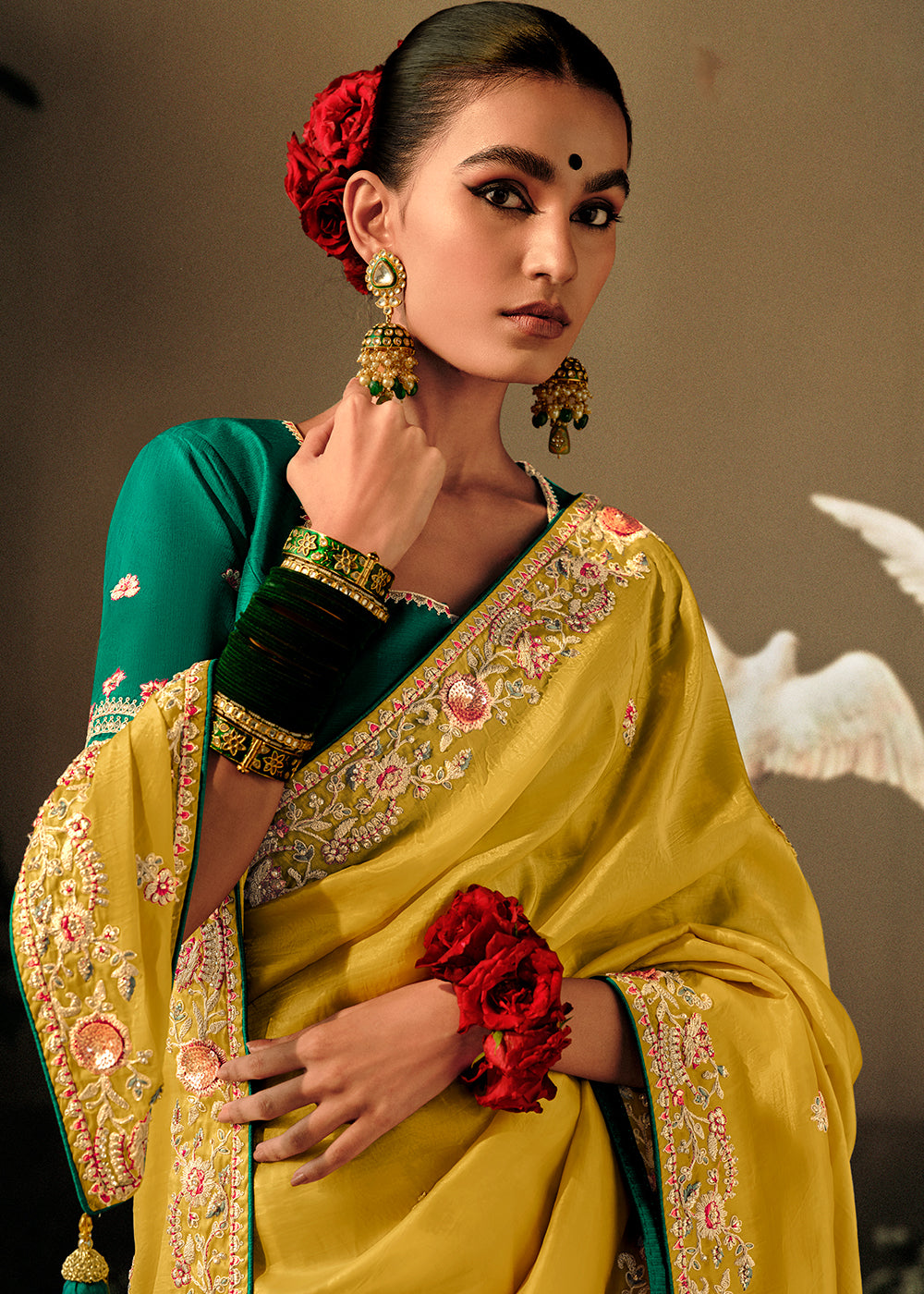 Buy Now Maize Yellow Khatli Work Embroidered Designer Wedding Saree Online in USA, UK, Canada & Worldwide at Empress Clothing. 
