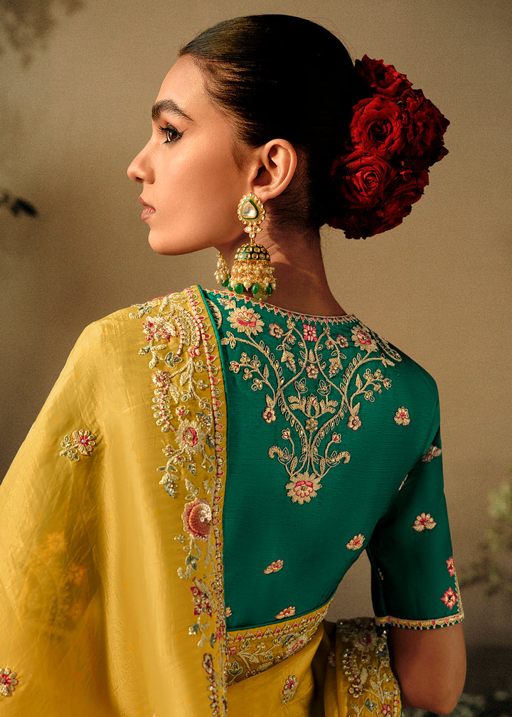 Buy Now Maize Yellow Khatli Work Embroidered Designer Wedding Saree Online in USA, UK, Canada & Worldwide at Empress Clothing. 