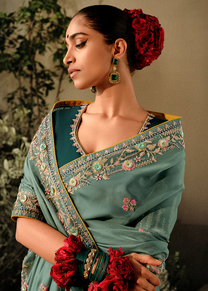 Buy Now Teal Grey Khatli Work Embroidered Designer Wedding Saree Online in USA, UK, Canada & Worldwide at Empress Clothing. 