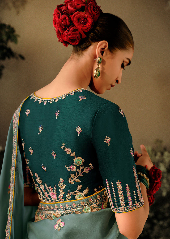 Buy Now Teal Grey Khatli Work Embroidered Designer Wedding Saree Online in USA, UK, Canada & Worldwide at Empress Clothing. 