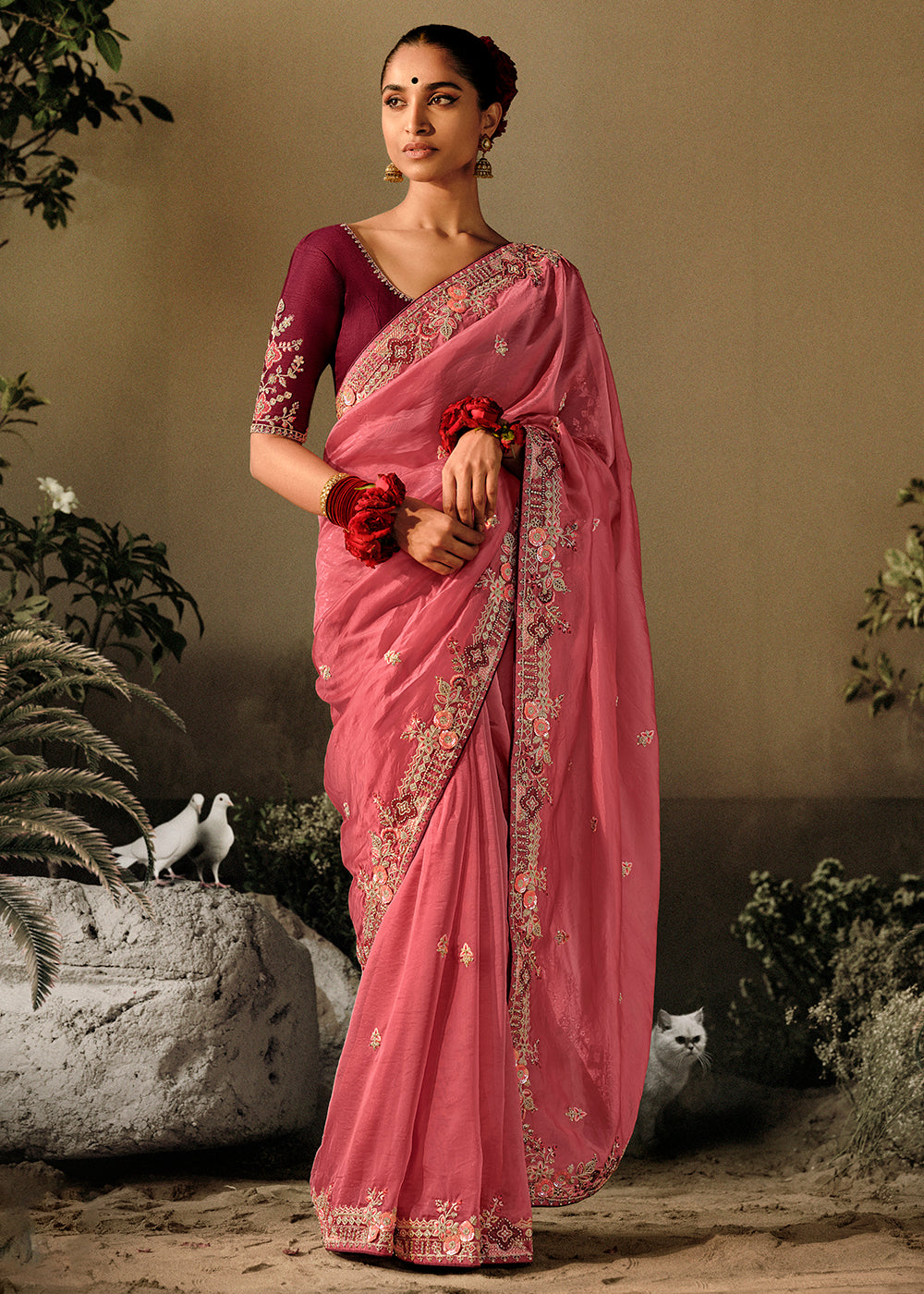 Buy Now Salmon Pink Khatli Work Embroidered Designer Wedding Saree Online in USA, UK, Canada & Worldwide at Empress Clothing. 