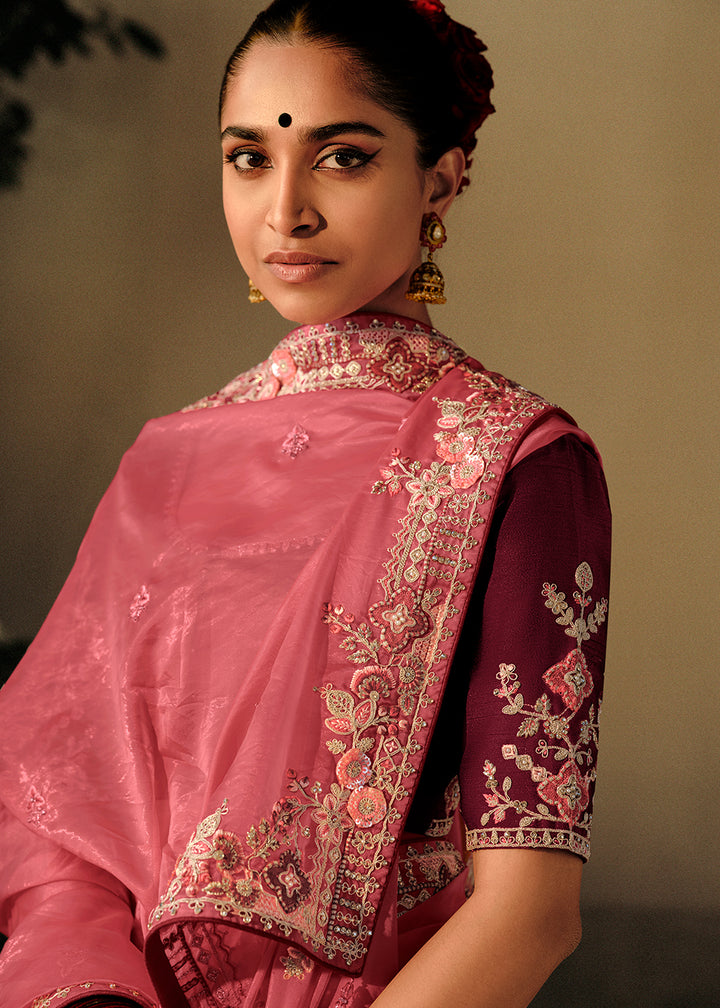 Buy Now Salmon Pink Khatli Work Embroidered Designer Wedding Saree Online in USA, UK, Canada & Worldwide at Empress Clothing. 