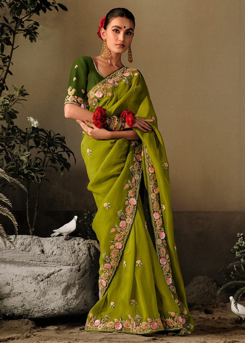 Buy Now Lime Green Khatli Work Embroidered Designer Wedding Saree Online in USA, UK, Canada & Worldwide at Empress Clothing. 