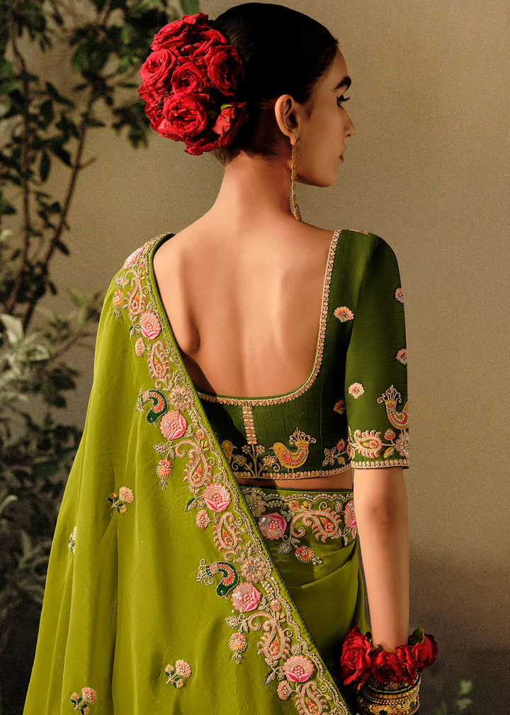 Buy Now Lime Green Khatli Work Embroidered Designer Wedding Saree Online in USA, UK, Canada & Worldwide at Empress Clothing. 
