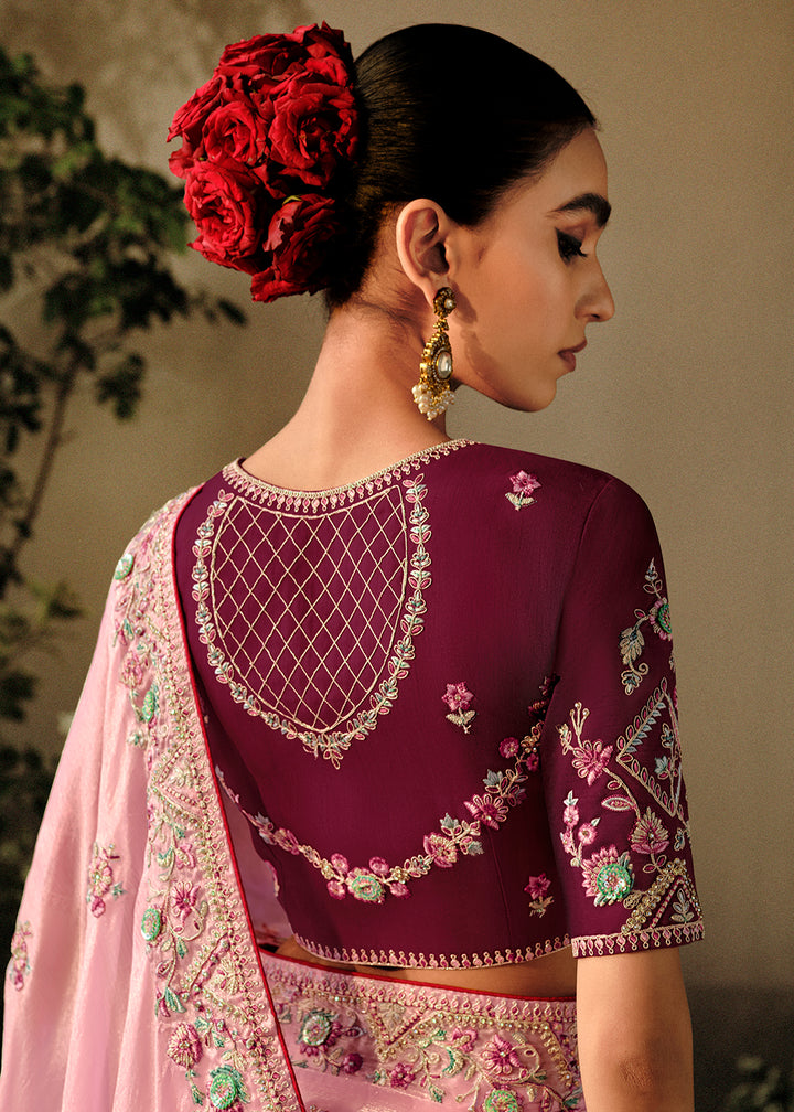Buy Now Rose Pink Khatli Work Embroidered Designer Wedding Saree Online in USA, UK, Canada & Worldwide at Empress Clothing.