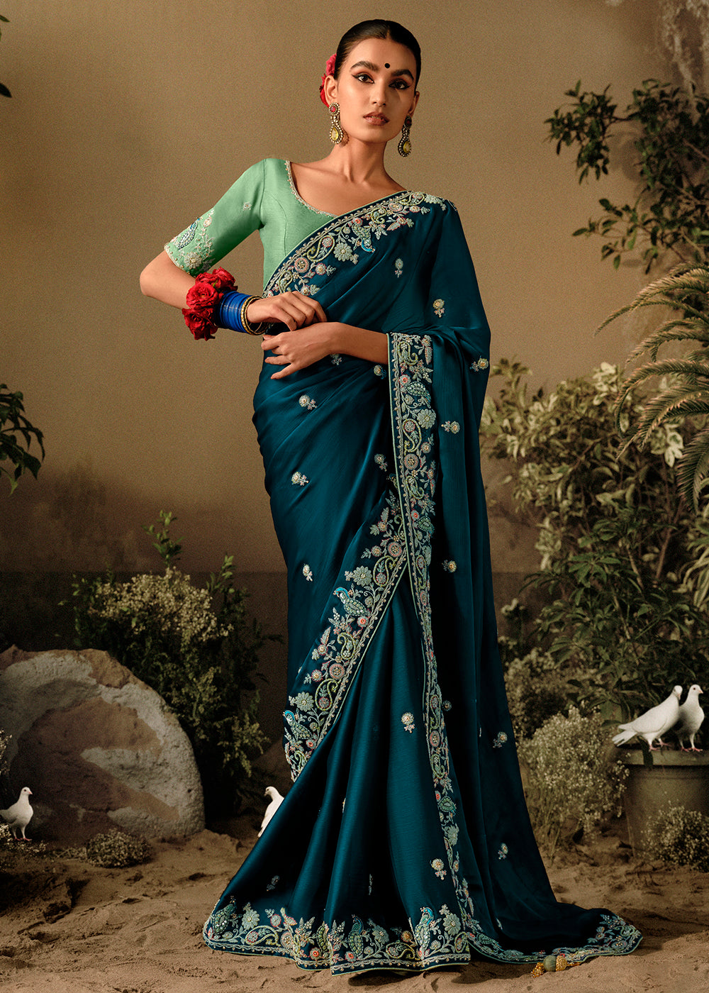 Buy Now Peacock Blue Khatli Work Embroidered Designer Wedding Saree Online in USA, UK, Canada & Worldwide at Empress Clothing. 