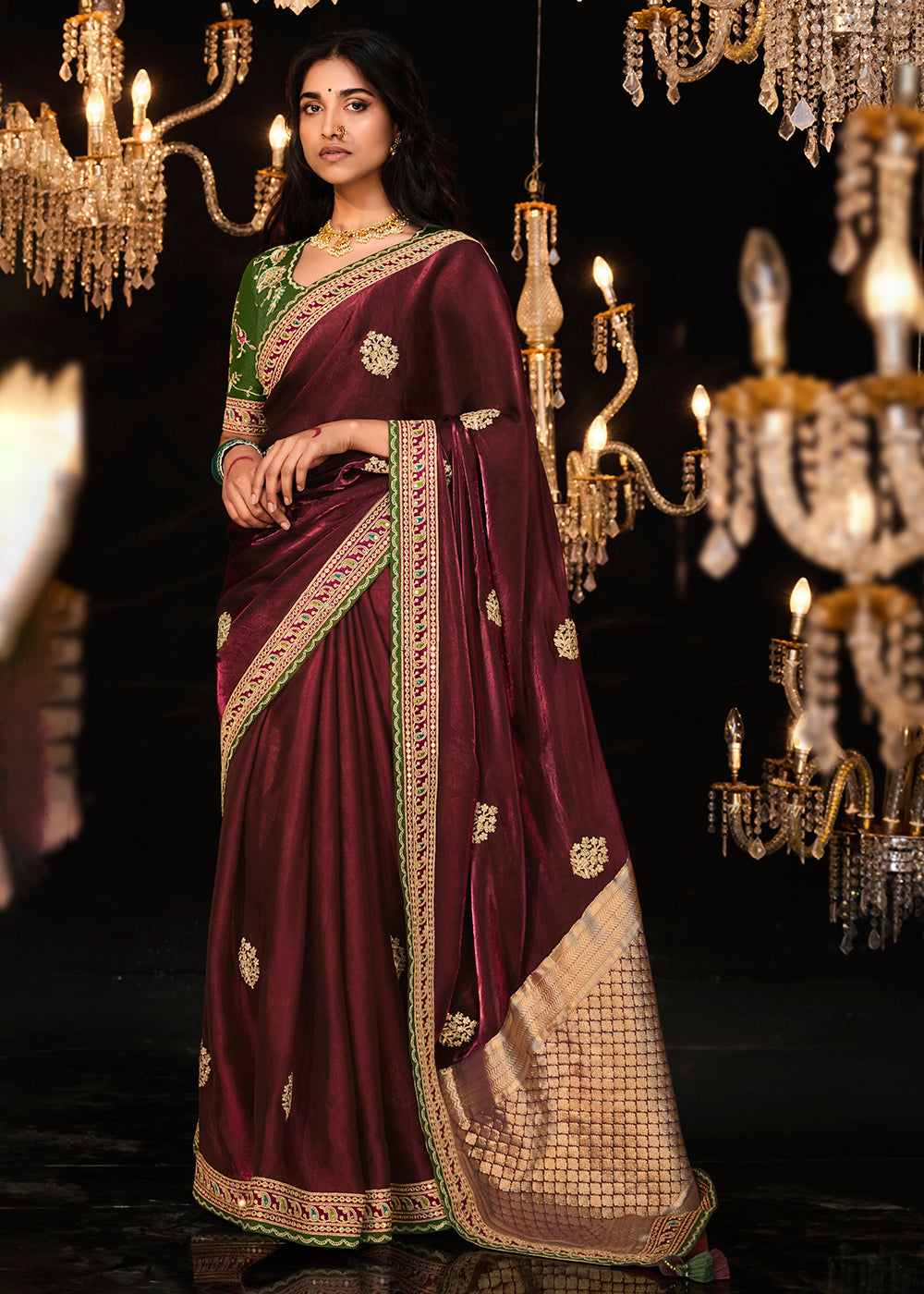 Buy Now Fancy Wine Embroidered Designer Wedding Wear Saree Online in USA, UK, Canada & Worldwide at Empress Clothing. 