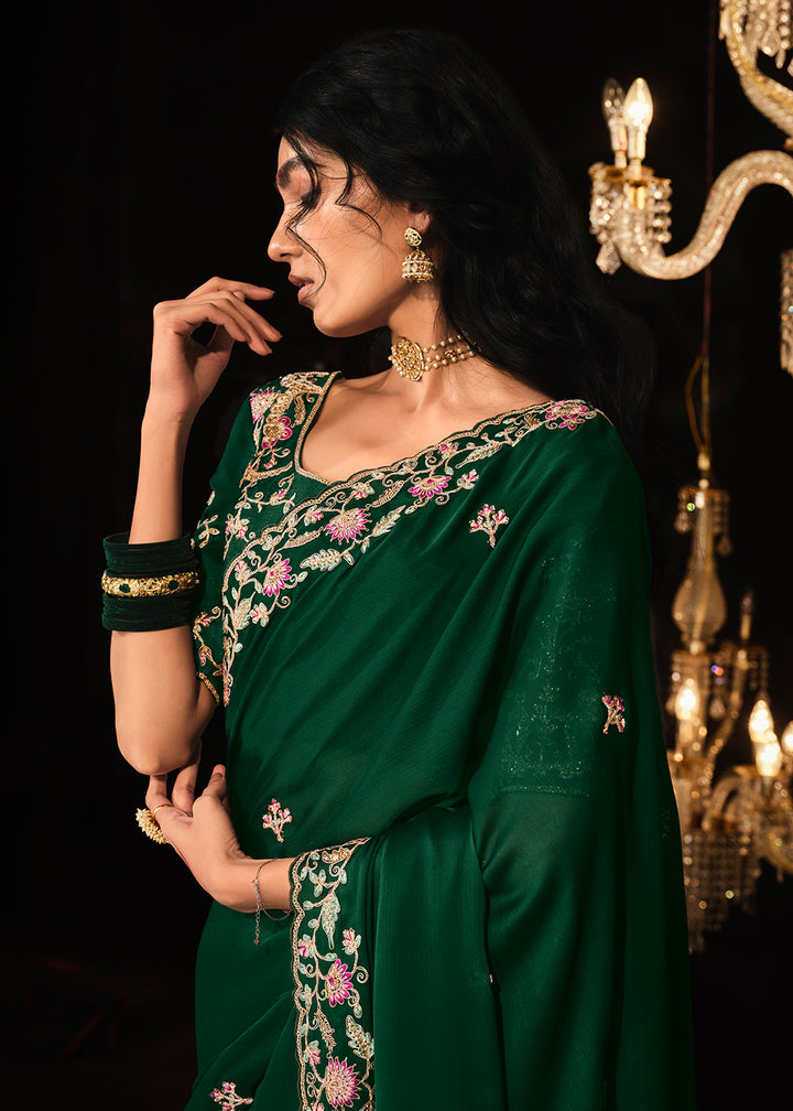 Buy Now Fancy Bottle Green Embroidered Designer Wedding Wear Saree Online in USA, UK, Canada & Worldwide at Empress Clothing. 