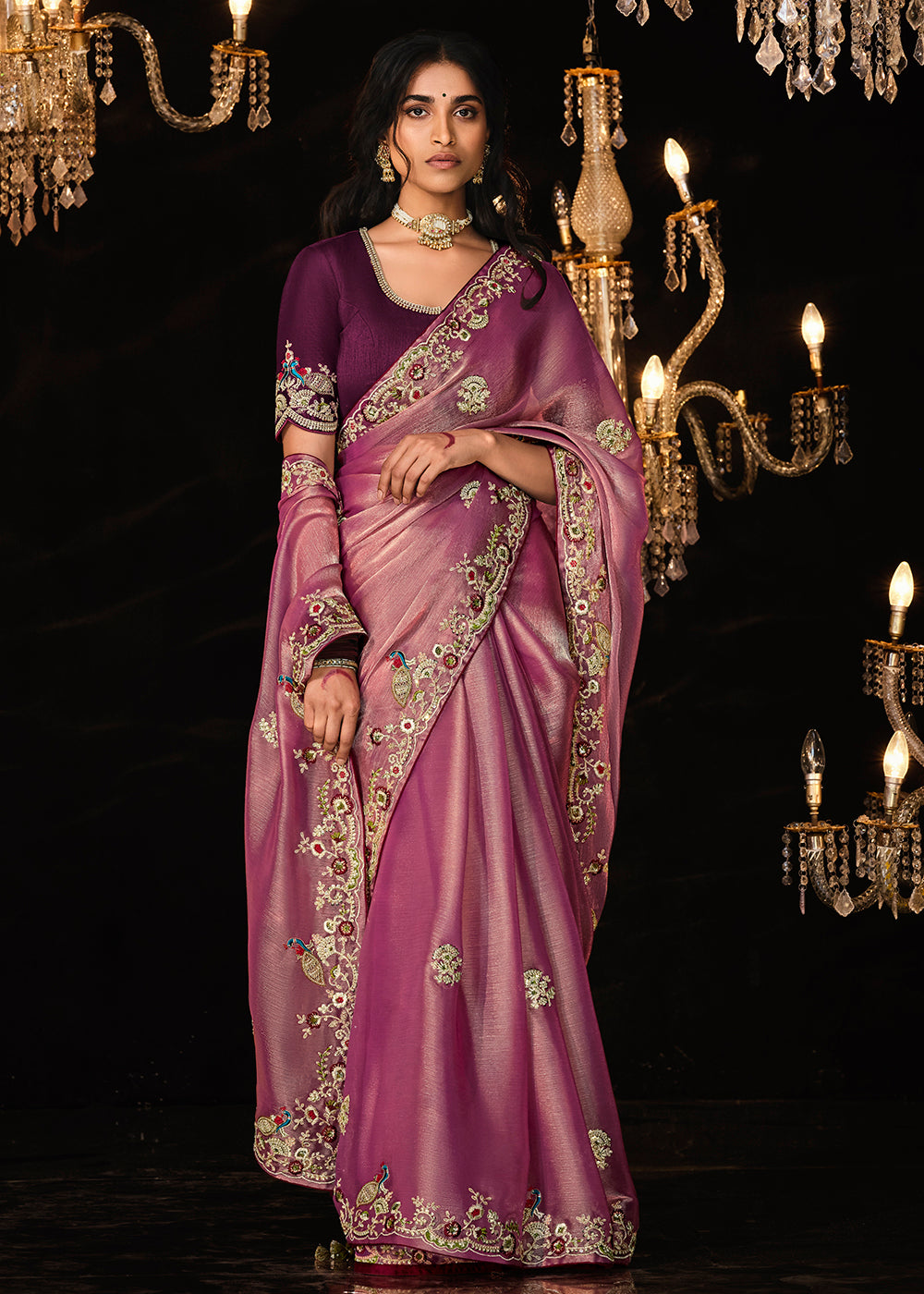 Buy Now Fancy Plum Violet Embroidered Designer Wedding Wear Saree Online in USA, UK, Canada & Worldwide at Empress Clothing. 
