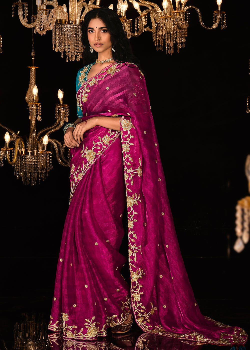 Buy Now Fancy Magenta Pink Embroidered Designer Wedding Wear Saree Online in USA, UK, Canada & Worldwide at Empress Clothing.