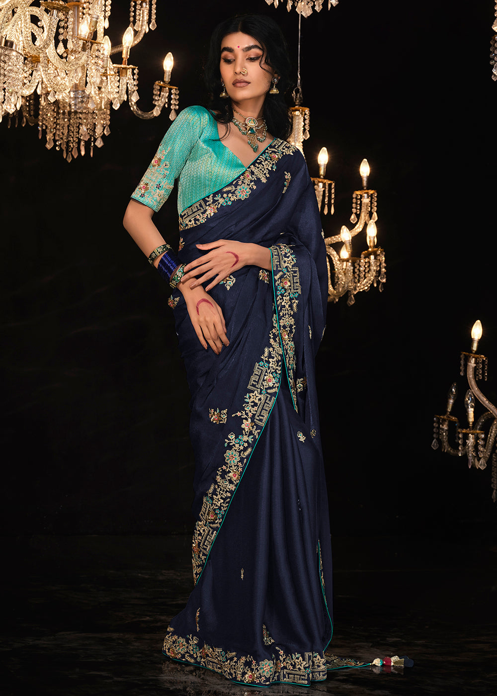 Buy Now Fancy Navy Blue Embroidered Designer Wedding Wear Saree Online in USA, UK, Canada & Worldwide at Empress Clothing.