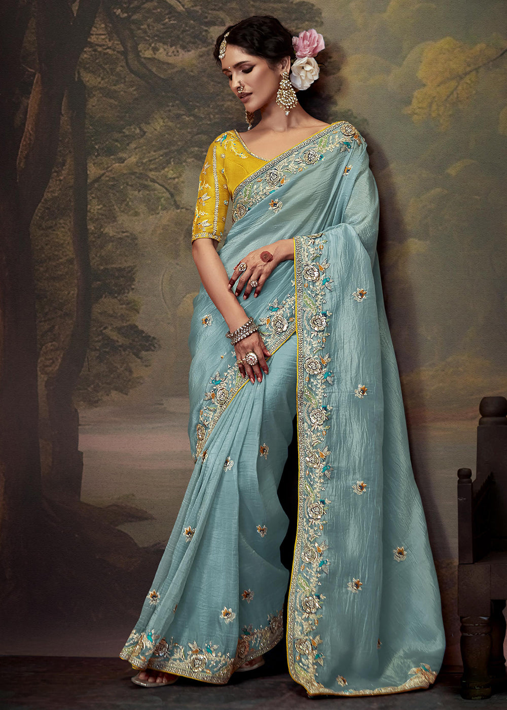 Buy Now Sky Blue Fancy Fabric Embroidered Festive Saree Online in USA, UK, France, Germany, Canada & Worldwide at Empress Clothing.