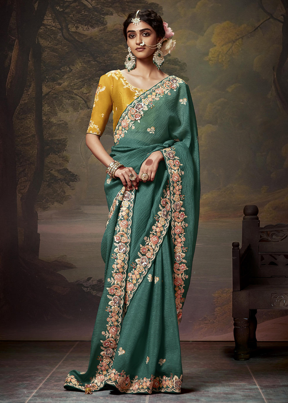 Buy Now Teal Green Fancy Fabric Embroidered Festive Saree Online in USA, UK, France, Germany, Canada & Worldwide at Empress Clothing.