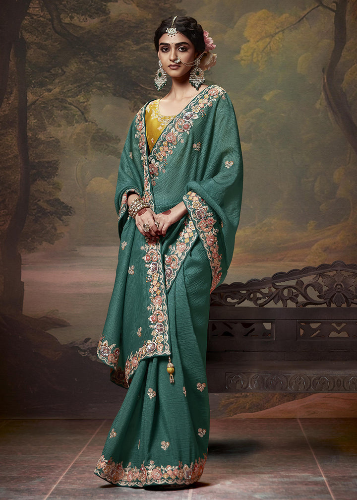 Buy Now Teal Green Fancy Fabric Embroidered Festive Saree Online in USA, UK, France, Germany, Canada & Worldwide at Empress Clothing.