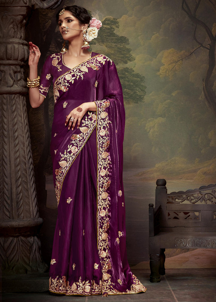 Buy Now Wine Fancy Fabric Embroidered Festive Saree Online in USA, UK, France, Germany, Canada & Worldwide at Empress Clothing.