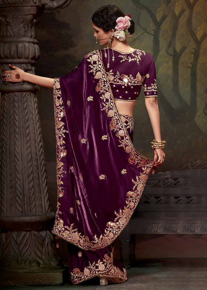 Buy Now Wine Fancy Fabric Embroidered Festive Saree Online in USA, UK, France, Germany, Canada & Worldwide at Empress Clothing.